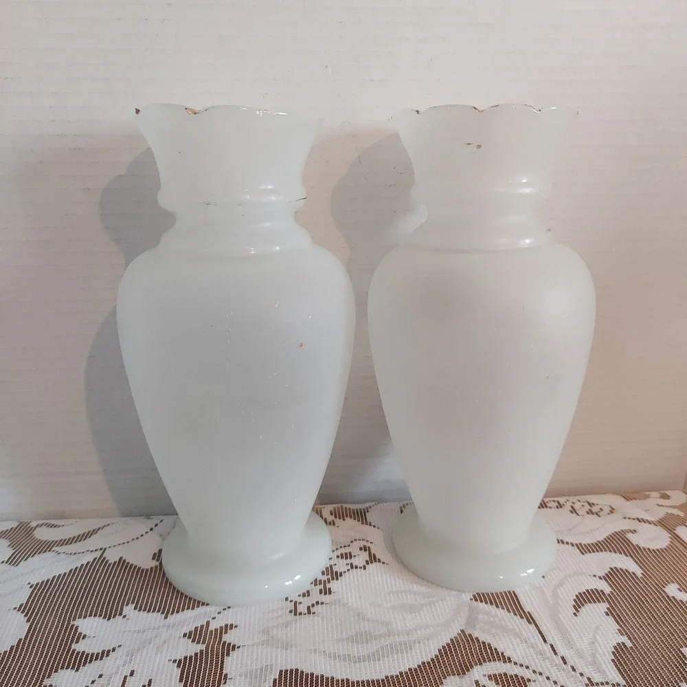 Vintage Bristol Satin Milk Glass Floral Vases Set of 2 Hand Painted Gold Trim 9